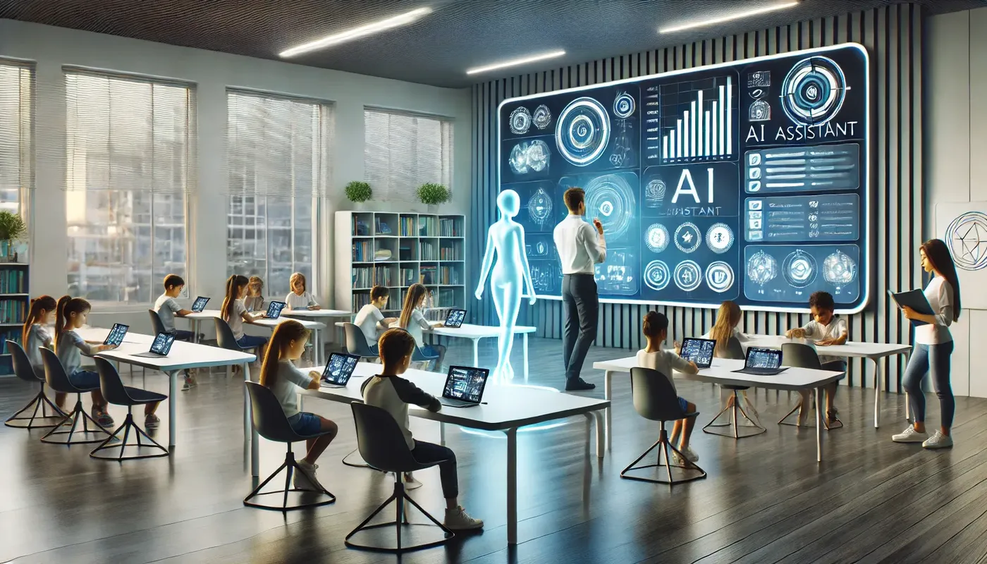 DALL·E 2024-11-18 13.41.02 - A high-tech classroom where AI supports teaching and learning. Students of various ages are seated at sleek desks, interacting with tablets and screen.webp